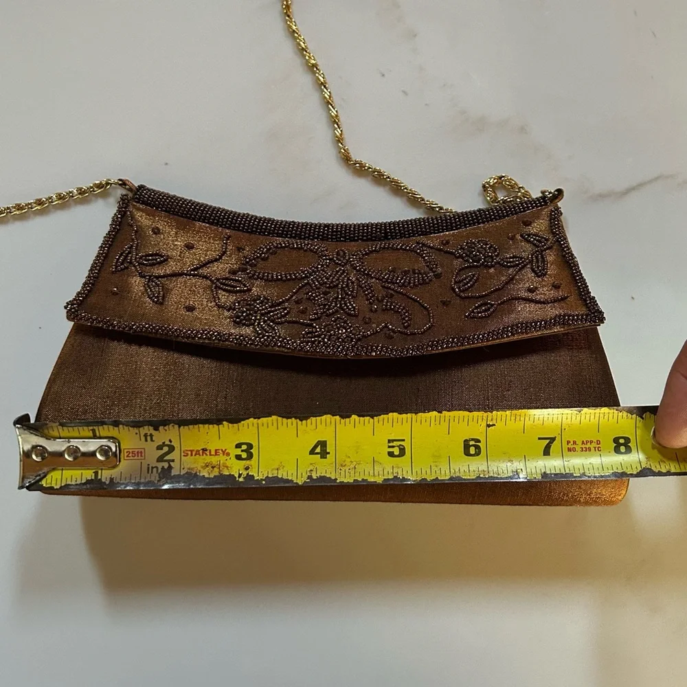 Nina Brown Velvet Beaded Flap Clutch with Gold Chain